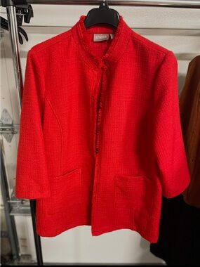 Chico's Bright Red Tweed Open-Front Jacket